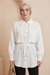 Beli Bağlamalı Bolero Detaylı Taşlı Düğmeli Gömlek  -Beyaz-Gömlek-398-1057-R02