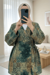 Beli Bağlamalı Cepli Desenli Kapitone Kimono -Haki-Ceket-408-6000-R05