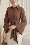Beli Bağlamalı İspanyol Kol Poplin Gömlek Bluz -Kahve-Bluz-349-7030-R15