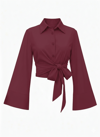 Beli Bağlamalı İspanyol Kol Poplin Gömlek Bluz -Bordo-Bluz-349-7030-R04
