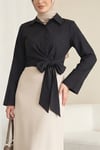 Beli Bağlamalı İspanyol Kol Poplin Gömlek Bluz -Siyah-Bluz-349-7030-R01