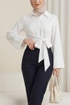 Beli Bağlamalı İspanyol Kol Poplin Gömlek Bluz -Beyaz-Bluz-349-7030-R02
