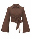 Beli Bağlamalı İspanyol Kol Poplin Gömlek Bluz -Kahve-Bluz-349-7030-R15