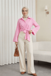 Beli Bağlamalı İspanyol Kol Poplin Gömlek Bluz -Pembe-Bluz-349-7030-R20