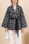 Beli Bağlamalı Kare Desen Saçaklı Kimono -K.Laci-Kimono & Kaftan-307-0021-R62