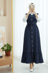 Beli Bağlamalı Önü Düğmeli Cepli Kot Jile   -Laci-Elbise-197-6119-R03