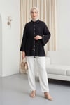 Beli Bağlamalı Taşlı Düğmeli Pliseli Poplin Tunik -Siyah-Tunik-398-11064-R01