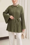 Beli Bağlamalı Taşlı Düğmeli Pliseli Poplin Tunik -Haki-Tunik-398-11064-R05