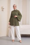 Beli Bağlamalı Taşlı Düğmeli Pliseli Poplin Tunik -Haki-Tunik-398-11064-R05