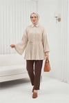 Beli Bağlamalı Taşlı Düğmeli Pliseli Poplin Tunik -Bej-Tunik-398-11064-R56