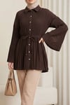 Beli Bağlamalı Taşlı Düğmeli Pliseli Poplin Tunik -Kahverengi-Tunik-398-11064-R15