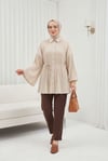 Beli Bağlamalı Taşlı Düğmeli Pliseli Poplin Tunik -Bej