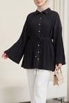 Beli Bağlamalı Taşlı Düğmeli Pliseli Poplin Tunik -Siyah