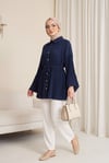 Beli Bağlamalı Taşlı Düğmeli Pliseli Poplin Tunik -Lacivert