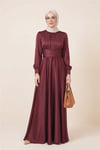 Beli Çapraz Bağlamalı Yuvarlak Yaka Saten Elbise -Bordo-Abiye-386-6297-R04