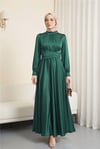 Beli Çapraz Bağlamalı Yuvarlak Yaka Saten Elbise -Zümrüt-Abiye-386-6297-R17