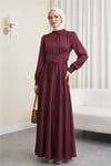 Beli Çapraz Bağlamalı Yuvarlak Yaka Saten Elbise -Bordo-Abiye-386-6297-R04