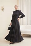 Beli Çapraz Bağlamalı Yuvarlak Yaka Saten Elbise -Siyah-Abiye-386-6297-R01