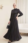 Beli Çapraz Bağlamalı Yuvarlak Yaka Saten Elbise -Siyah-Abiye-386-6297-R01