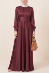 Beli Çapraz Bağlamalı Yuvarlak Yaka Saten Elbise -Bordo-Abiye-386-6297-R04