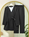 Beli Çift Bağlamalı Scuba Kimono Takım  -Siyah-Takım-349-7085-R01