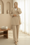Beli Çift Bağlamalı Scuba Kimono Takım  -Bej-Takım-349-7085-R56
