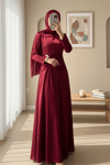 Beli Drapeli Düz Saten Elbise -Bordo-Elbise-114-5128-R04