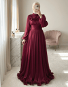 Beli Drapeli Kolu Lastikli Göğsü Ve Eteği Fırfır Detaylı Janjan Abiye  -Bordo-Abiye-316-4823-R04