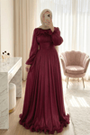 Beli Drapeli Kolu Lastikli Göğsü Ve Eteği Fırfır Detaylı Janjan Abiye  -Bordo-Abiye-316-4823-R04