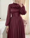 Beli Drapeli Kolu Lastikli Göğsü Ve Eteği Fırfır Detaylı Janjan Abiye  -Bordo-Abiye-316-4823-R04