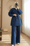 Beli Kemerli Cepli Önü Düğmeli Kot Takım -İndigo-Takım-349-202504-R21