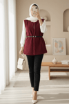 Beli Kemerli Çift Cepli Astarlı Peluş Yelek -Bordo-Yelek-253-12974-R04