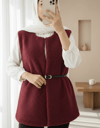 Beli Kemerli Çift Cepli Astarlı Peluş Yelek -Bordo-Yelek-253-12974-R04