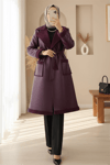 Beli Kemerli Çift Cepli İçi Kürklü Deri Kaban -Mürdüm-Kaban-386-6239-R09
