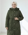 Beli Kemerli Önü Çıtçıtlı Kapşonlu Astarlı Uzun Kapitone Mont -Haki-Mont-414-4959-R05