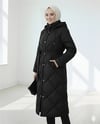 Beli Kemerli Önü Çıtçıtlı Kapşonlu Astarlı Uzun Kapitone Mont -Siyah-Mont-414-4959-R01
