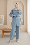 Beli Kemerli Önü Düğmeli Pantolonlu Kot Takım -Buz Mavi-Takım-197-4084-R37