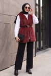 Beli Kemerli Sakallı Yelek  -Bordo