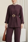 Beli Kemerli Yarım Düğmeli Pantolonlu Cupra Takım  -Mürdüm-Takım-380-4437-R09