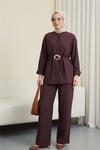 Beli Kemerli Yarım Düğmeli Pantolonlu Cupra Takım  -Mürdüm-Takım-380-4437-R09