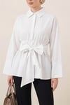 Beli Korsajlı Gizli Patlı Kuşaklı Poplin Tunik -Beyaz-Tunik-111-22042-R02