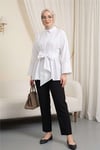 Beli Korsajlı Gizli Patlı Kuşaklı Poplin Tunik -Beyaz-Tunik-111-22042-R02