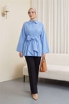 Beli Korsajlı Gizli Patlı Kuşaklı Poplin Tunik -Mavi-Tunik-111-22042-R31