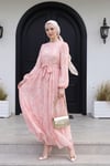 Beli Kuşaklı Balon Kol Astarlı Tül Vual Elbise -Pembe
