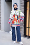 Beli Kuşaklı Oversize Geniş Kol Desenli Tunik  -Beyaz