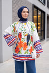 Beli Kuşaklı Oversize Geniş Kol Desenli Tunik  -Beyaz