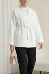 Beli Kuşaklı V Yaka  Scuba Kimono  -Beyaz-Ceket-120-1626-R02