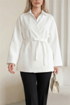 Beli Kuşaklı V Yaka  Scuba Kimono  -Beyaz-Ceket-120-1626-R02