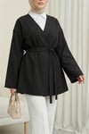Beli Kuşaklı V Yaka  Scuba Kimono  -Siyah-Ceket-120-1626-R01