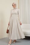 Beli Lastikli Astarlı Uzun Gofre Etek -Taş-Etek-440-3026-R43